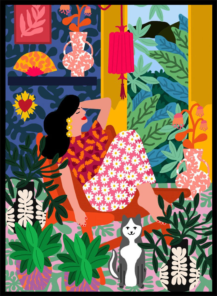 Colorful illustration of a woman in a floral dress sitting among plants and flowers. Flower Power by Rafaela Mascaro fine art print poster with lounging woman, daisy skirt, bold plants, patterned interior, contemporary modern aesthetic wall art.
