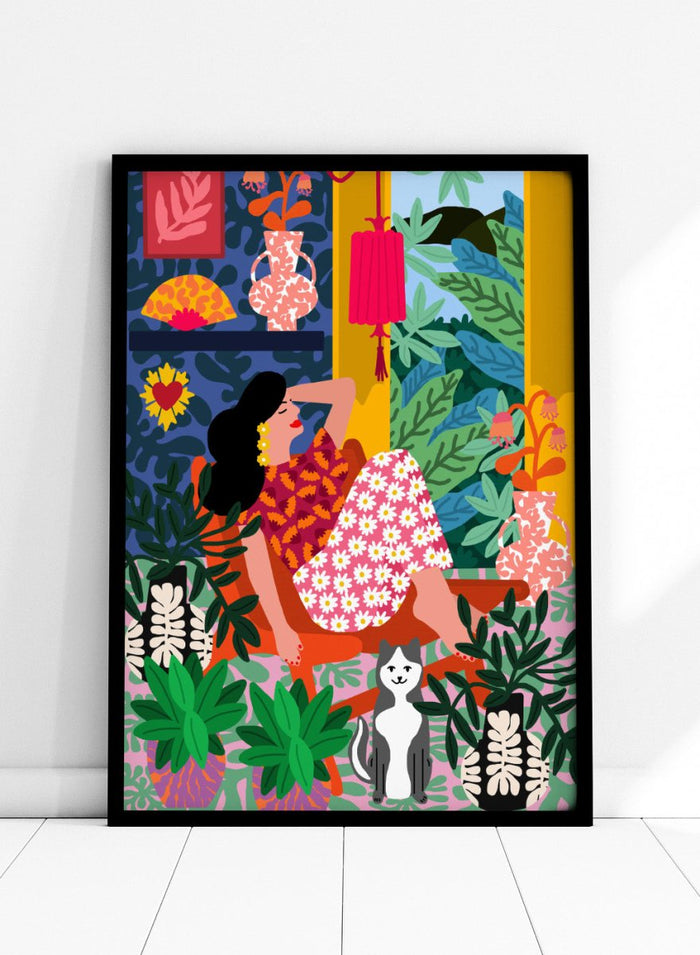 Colorful illustration of a woman in a floral dress sitting among plants and flowers. Flower Power by Rafaela Mascaro fine art print poster with lounging woman, daisy skirt, bold plants, patterned interior, contemporary modern aesthetic wall art.