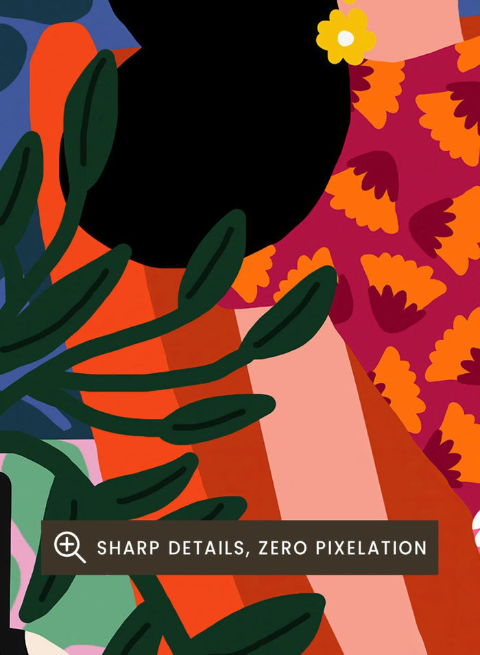 Colorful illustration of a woman in a floral dress sitting among plants and flowers. Flower Power by Rafaela Mascaro fine art print poster with lounging woman, daisy skirt, bold plants, patterned interior, contemporary modern aesthetic wall art.