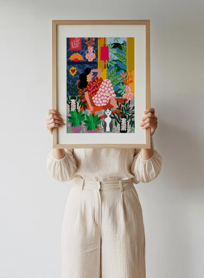 Colorful illustration of a woman in a floral dress sitting among plants and flowers. Flower Power by Rafaela Mascaro fine art print poster with lounging woman, daisy skirt, bold plants, patterned interior, contemporary modern aesthetic wall art.