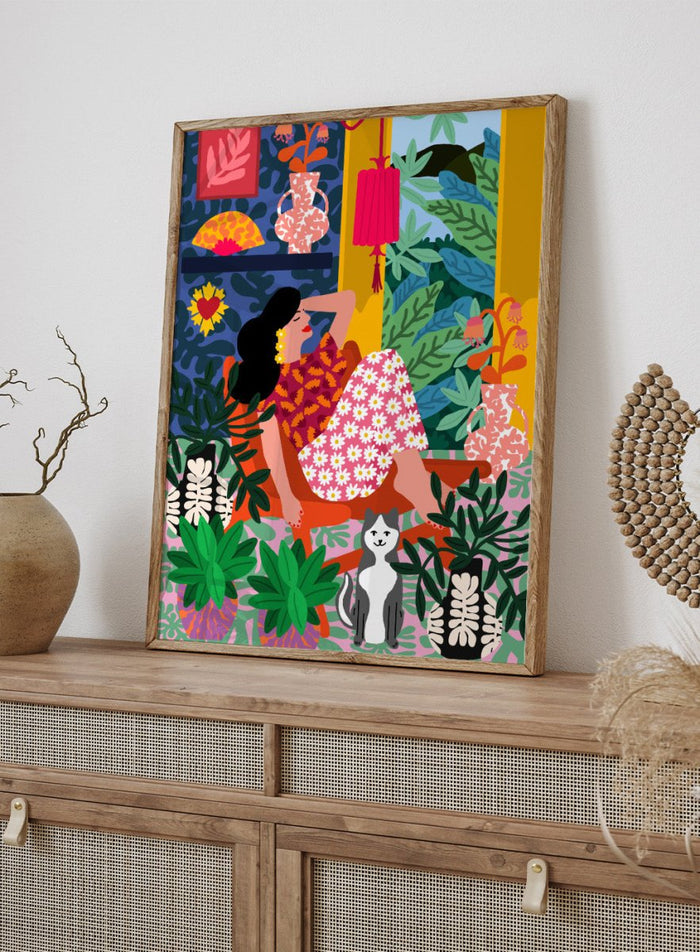 Colorful illustration of a woman in a floral dress sitting among plants and flowers. Flower Power by Rafaela Mascaro fine art print poster with lounging woman, daisy skirt, bold plants, patterned interior, contemporary modern aesthetic wall art.