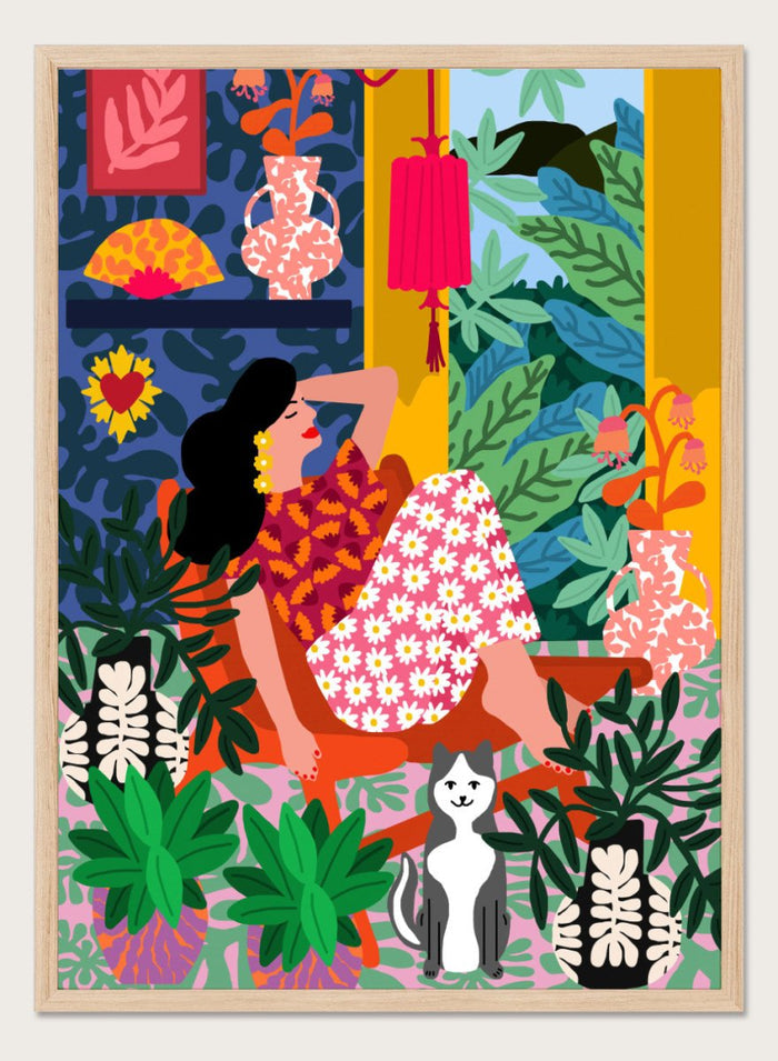 Colorful illustration of a woman in a floral dress sitting among plants and flowers. Flower Power by Rafaela Mascaro fine art print poster with lounging woman, daisy skirt, bold plants, patterned interior, contemporary modern aesthetic wall art.
