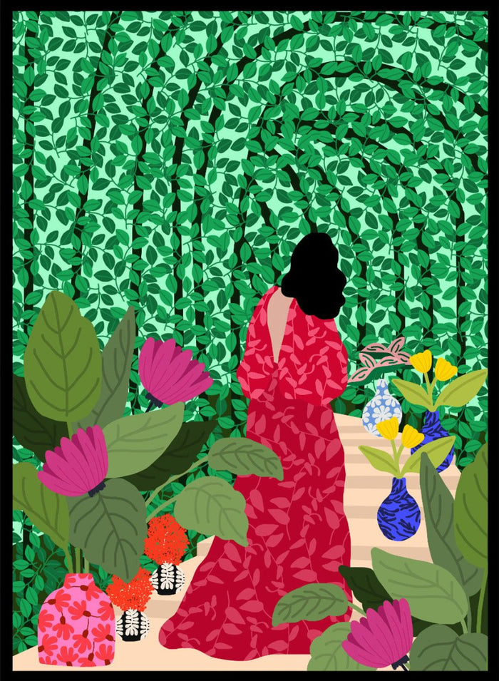 Girl at Her Garden by Rafaela Mascaro fine art print featuring lush green botanical background, red dress figure, and modern contemporary wall art poster.