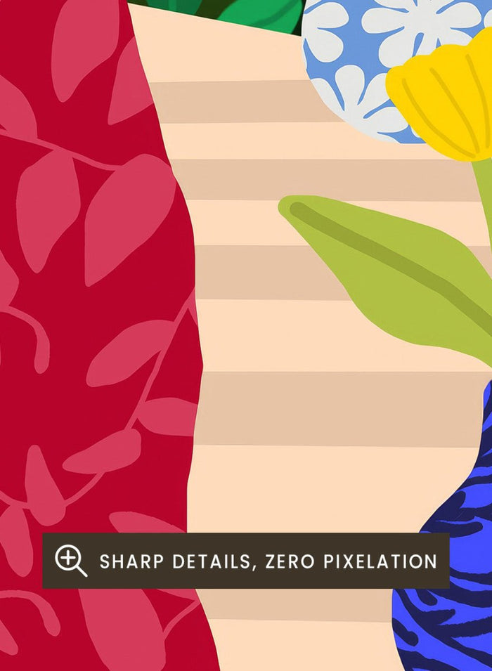 Girl at Her Garden by Rafaela Mascaro fine art print featuring lush green botanical background, red dress figure, and modern contemporary wall art poster.