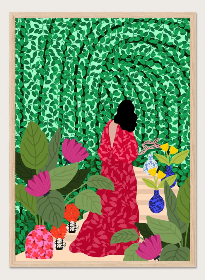 Girl at Her Garden by Rafaela Mascaro fine art print featuring lush green botanical background, red dress figure, and modern contemporary wall art poster.