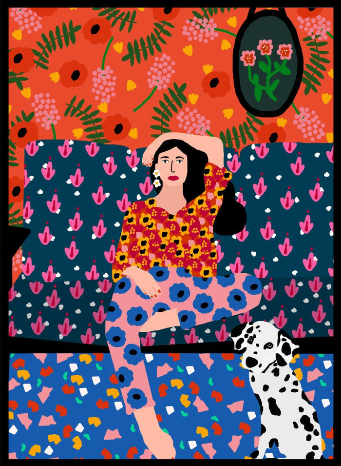 Colorful abstract art piece with a woman and dog on a patterned background. Girl in the Sofa by Rafaela Mascaro fine art print poster featuring lounging woman, Dalmatian dog, bold patterned couch, floral wallpaper, modern contemporary wall art.