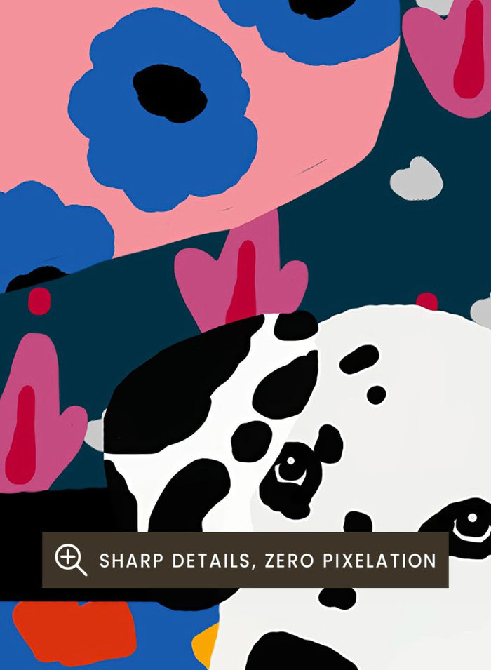 Colorful abstract art piece with a woman and dog on a patterned background. Girl in the Sofa by Rafaela Mascaro fine art print poster featuring lounging woman, Dalmatian dog, bold patterned couch, floral wallpaper, modern contemporary wall art.