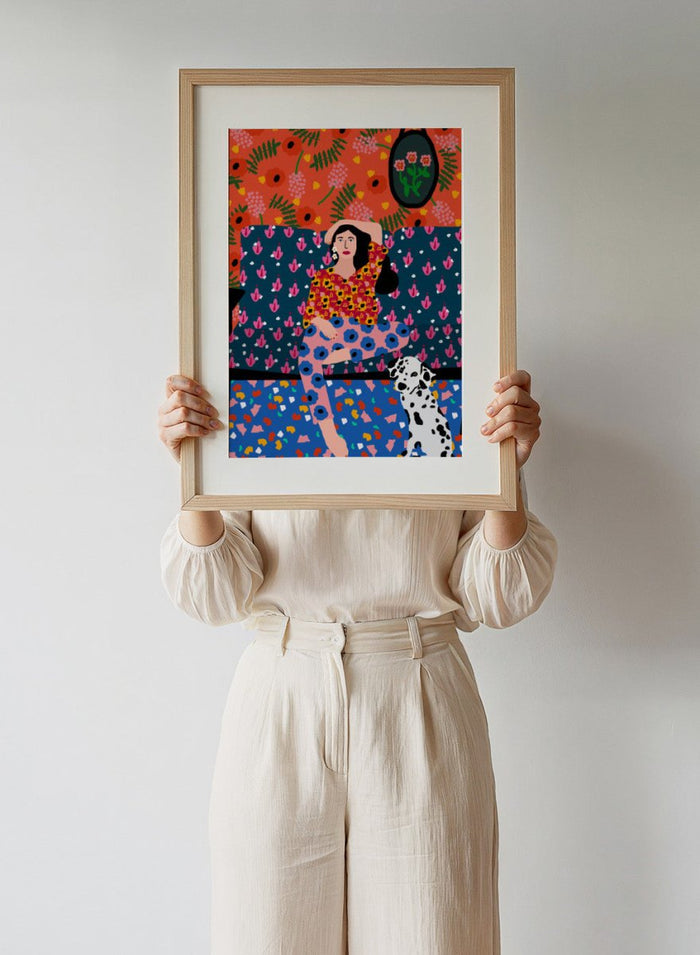 Colorful abstract art piece with a woman and dog on a patterned background. Girl in the Sofa by Rafaela Mascaro fine art print poster featuring lounging woman, Dalmatian dog, bold patterned couch, floral wallpaper, modern contemporary wall art.