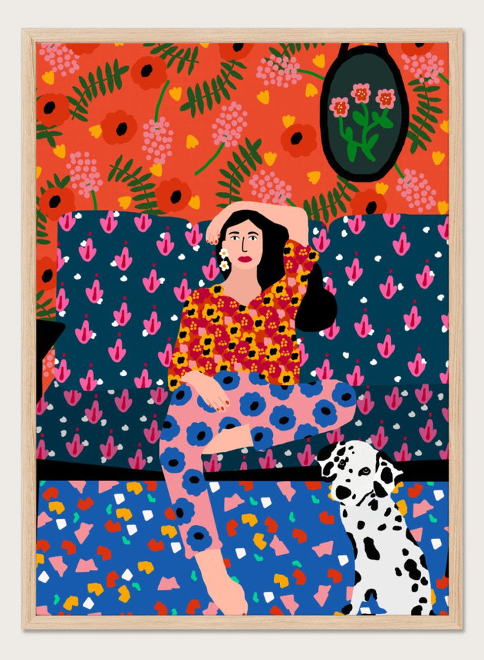 Colorful abstract art piece with a woman and dog on a patterned background. Girl in the Sofa by Rafaela Mascaro fine art print poster featuring lounging woman, Dalmatian dog, bold patterned couch, floral wallpaper, modern contemporary wall art.