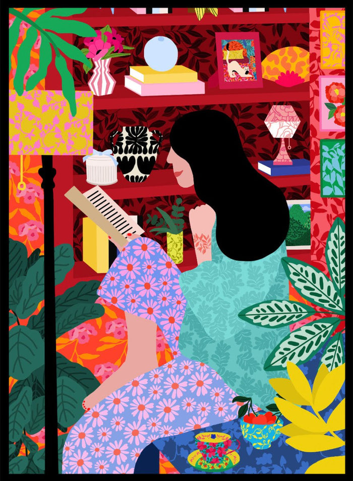 Illustration of a women sitting together with a colorful, patterned background. Girl Reading Her Favorite Book by Rafaela Mascaro fine art print poster featuring woman reading, red bookshelf, bold patterns, plants, modern contemporary wall art.