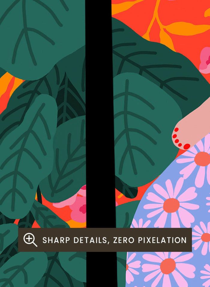 Illustration of a women sitting together with a colorful, patterned background. Girl Reading Her Favorite Book by Rafaela Mascaro fine art print poster featuring woman reading, red bookshelf, bold patterns, plants, modern contemporary wall art.