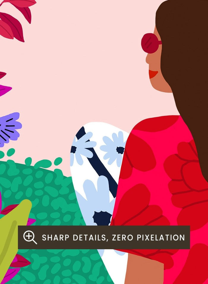 Woman in a red dress with a white surfboard amidst tropical foliage and flowers. Going Surfing by Rafaela Mascaro is a colorful tropical art print featuring a surfer, lush botanicals, vibrant florals, and sunny coastal inspiration.