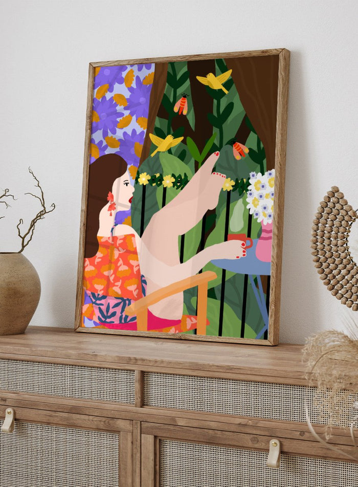 Illustration of a woman sitting by a pool with flowers and birds in a colorful garden setting. Morning on the Balcony by Rafaela Mascaro fine art print poster featuring woman with coffee, birds, lush greenery, botanical scene, modern contemporary wall art.