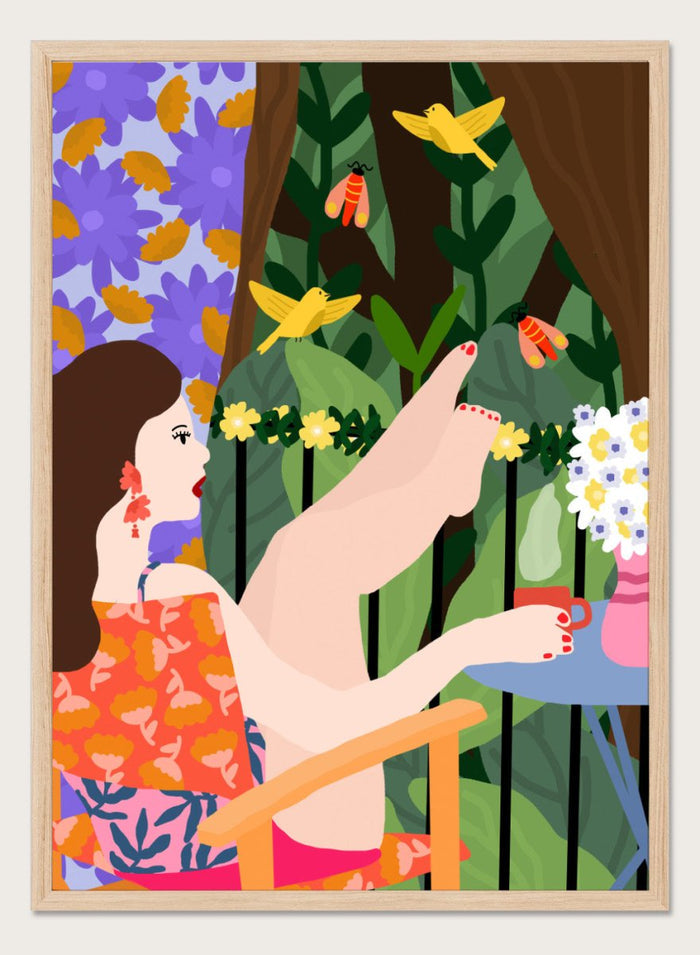 Illustration of a woman sitting by a pool with flowers and birds in a colorful garden setting. Morning on the Balcony by Rafaela Mascaro fine art print poster featuring woman with coffee, birds, lush greenery, botanical scene, modern contemporary wall art.