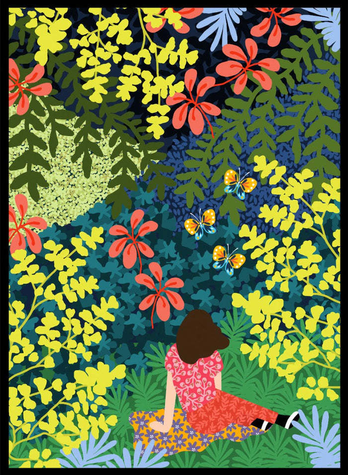Illustration of a person sitting among colorful flowers and foliage. Picnic in the Forest by Rafaela Mascaro fine art print featuring lush botanical forest, oversized leaves, butterflies, modern colorful wall art poster.
