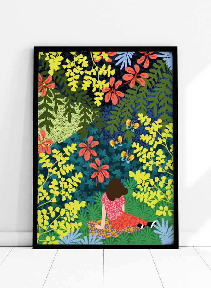 Illustration of a person sitting among colorful flowers and foliage. Picnic in the Forest by Rafaela Mascaro fine art print featuring lush botanical forest, oversized leaves, butterflies, modern colorful wall art poster.