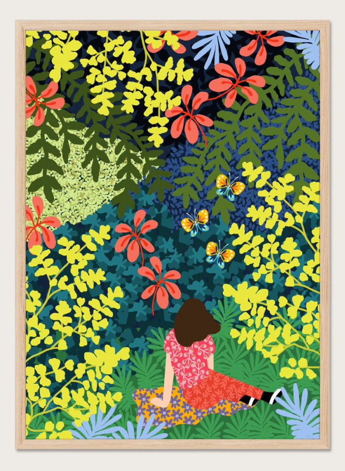 Illustration of a person sitting among colorful flowers and foliage. Picnic in the Forest by Rafaela Mascaro fine art print featuring lush botanical forest, oversized leaves, butterflies, modern colorful wall art poster.