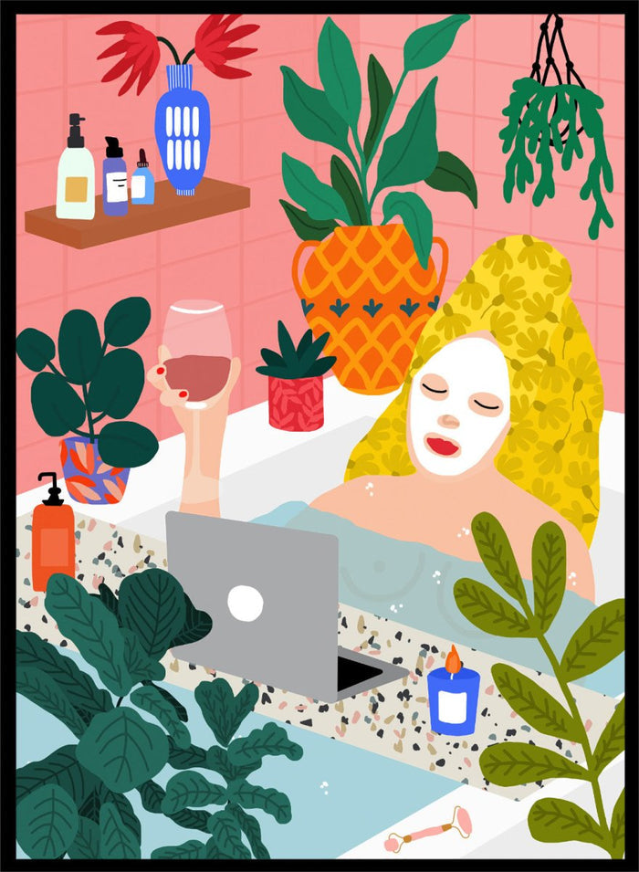 Illustration of a woman in a bath with plants and a laptop. Self Care Ritual by Rafaela Mascaro art print featuring woman in bathtub with wine, laptop, plants, and colorful modern bathroom illustration wall art poster.