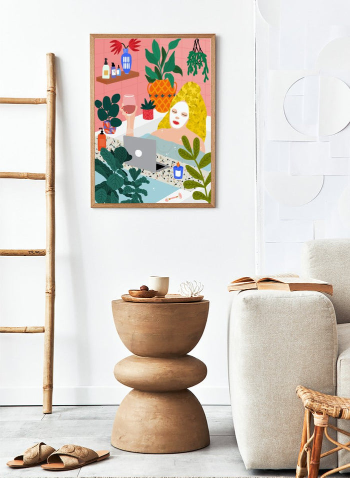Illustration of a woman in a bath with plants and a laptop. Self Care Ritual by Rafaela Mascaro art print featuring woman in bathtub with wine, laptop, plants, and colorful modern bathroom illustration wall art poster.