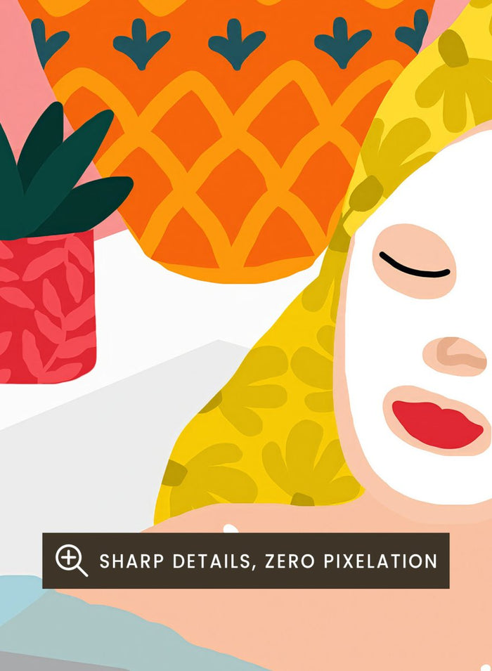 Illustration of a woman in a bath with plants and a laptop. Self Care Ritual by Rafaela Mascaro art print featuring woman in bathtub with wine, laptop, plants, and colorful modern bathroom illustration wall art poster.