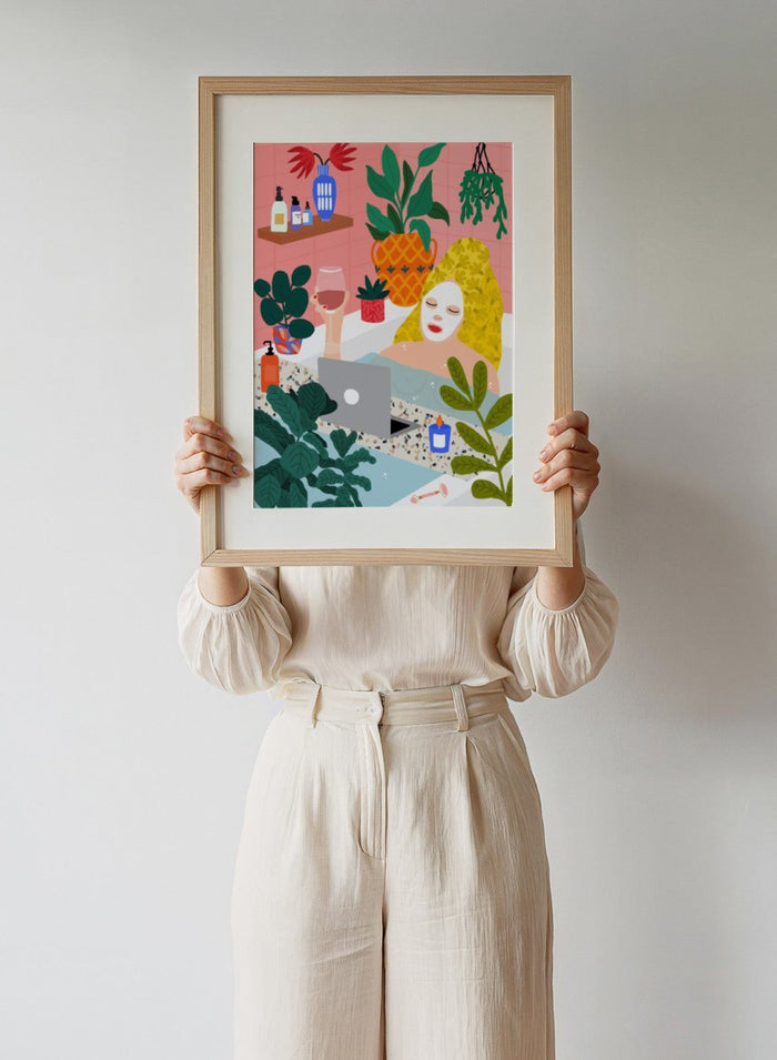Illustration of a woman in a bath with plants and a laptop. Self Care Ritual by Rafaela Mascaro art print featuring woman in bathtub with wine, laptop, plants, and colorful modern bathroom illustration wall art poster.