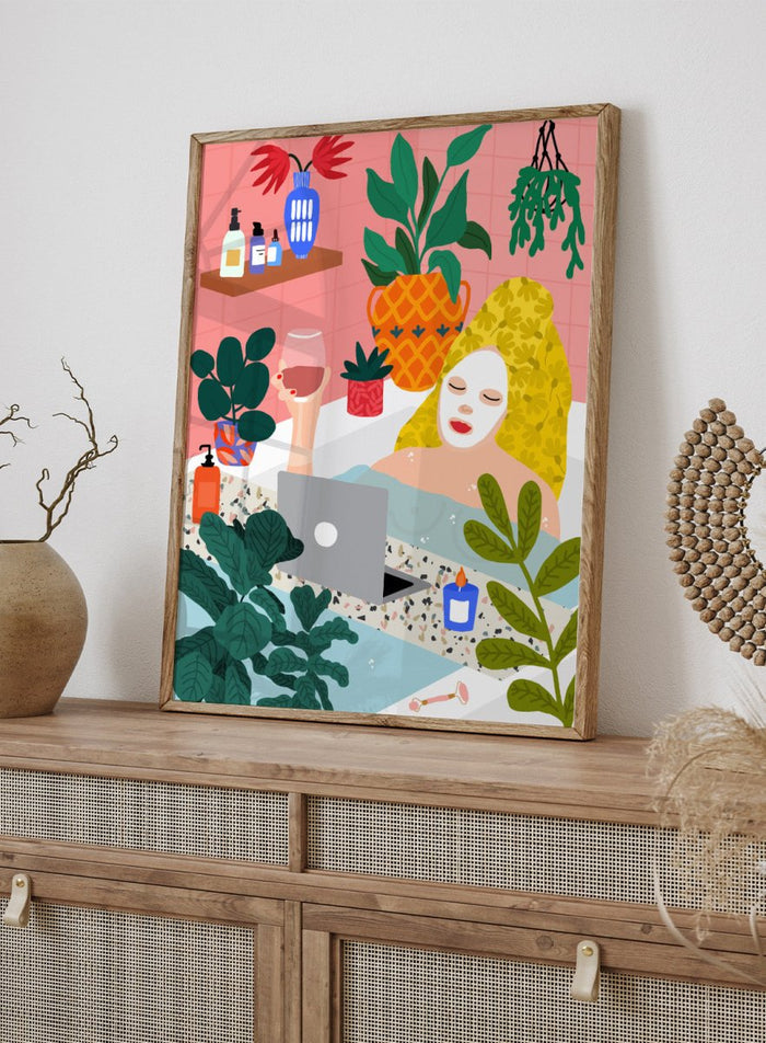 Illustration of a woman in a bath with plants and a laptop. Self Care Ritual by Rafaela Mascaro art print featuring woman in bathtub with wine, laptop, plants, and colorful modern bathroom illustration wall art poster.