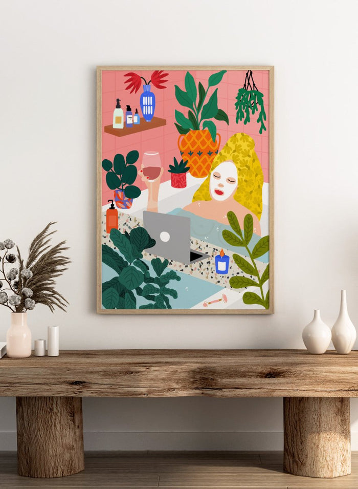 Illustration of a woman in a bath with plants and a laptop. Self Care Ritual by Rafaela Mascaro art print featuring woman in bathtub with wine, laptop, plants, and colorful modern bathroom illustration wall art poster.