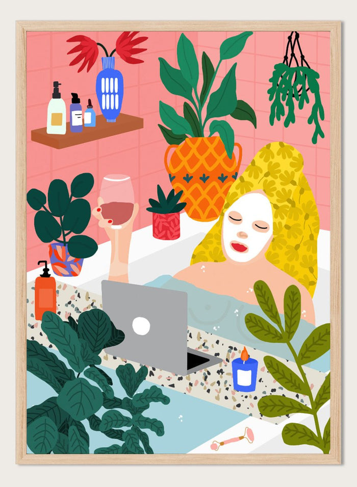 Illustration of a woman in a bath with plants and a laptop. Self Care Ritual by Rafaela Mascaro art print featuring woman in bathtub with wine, laptop, plants, and colorful modern bathroom illustration wall art poster.