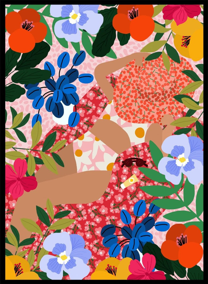 Colorful floral pattern with abstract shapes on a pink background. Sleeping Under the Sun by Rafaela Mascaro is a vibrant floral art print filled with bold colors, botanical details, decorative patterns, and summer warmth.