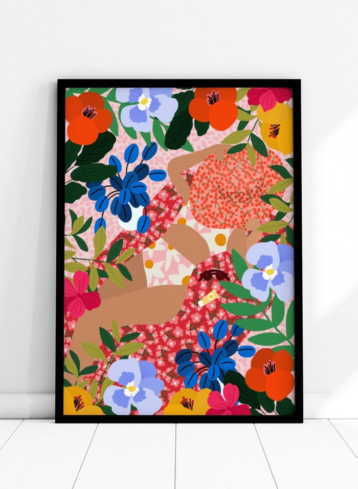 Colorful floral pattern with abstract shapes on a pink background. Sleeping Under the Sun by Rafaela Mascaro is a vibrant floral art print filled with bold colors, botanical details, decorative patterns, and summer warmth.