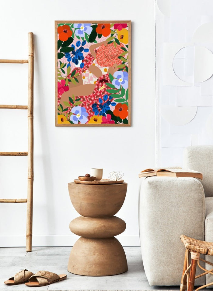 Colorful floral pattern with abstract shapes on a pink background. Sleeping Under the Sun by Rafaela Mascaro is a vibrant floral art print filled with bold colors, botanical details, decorative patterns, and summer warmth.