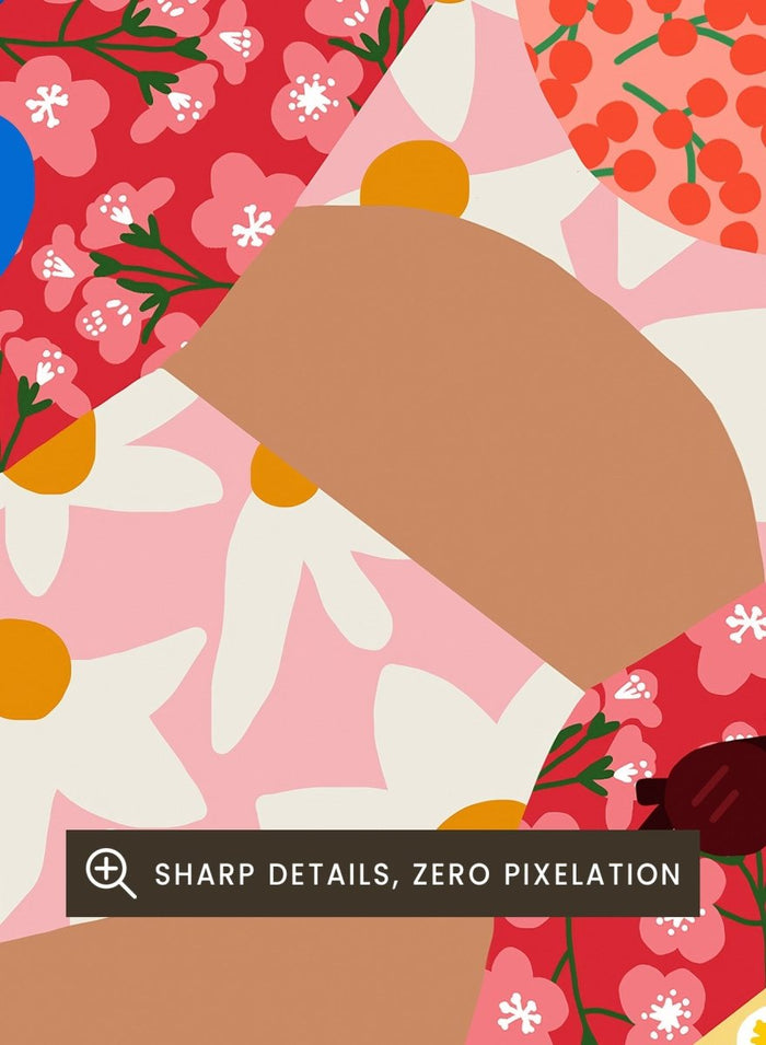 Colorful floral pattern with abstract shapes on a pink background. Sleeping Under the Sun by Rafaela Mascaro is a vibrant floral art print filled with bold colors, botanical details, decorative patterns, and summer warmth.