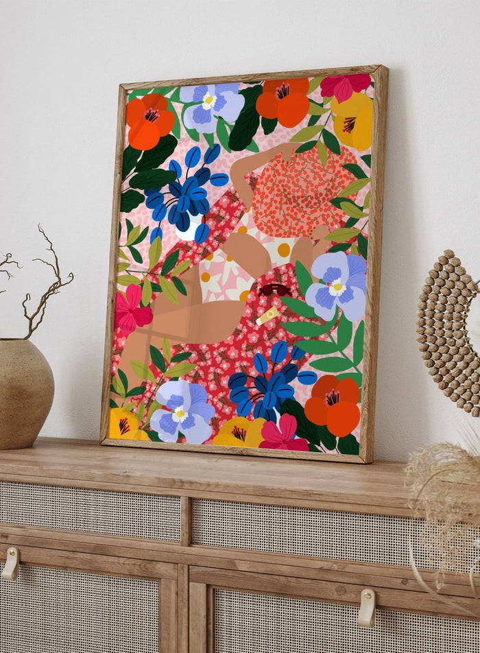 Colorful floral pattern with abstract shapes on a pink background. Sleeping Under the Sun by Rafaela Mascaro is a vibrant floral art print filled with bold colors, botanical details, decorative patterns, and summer warmth.