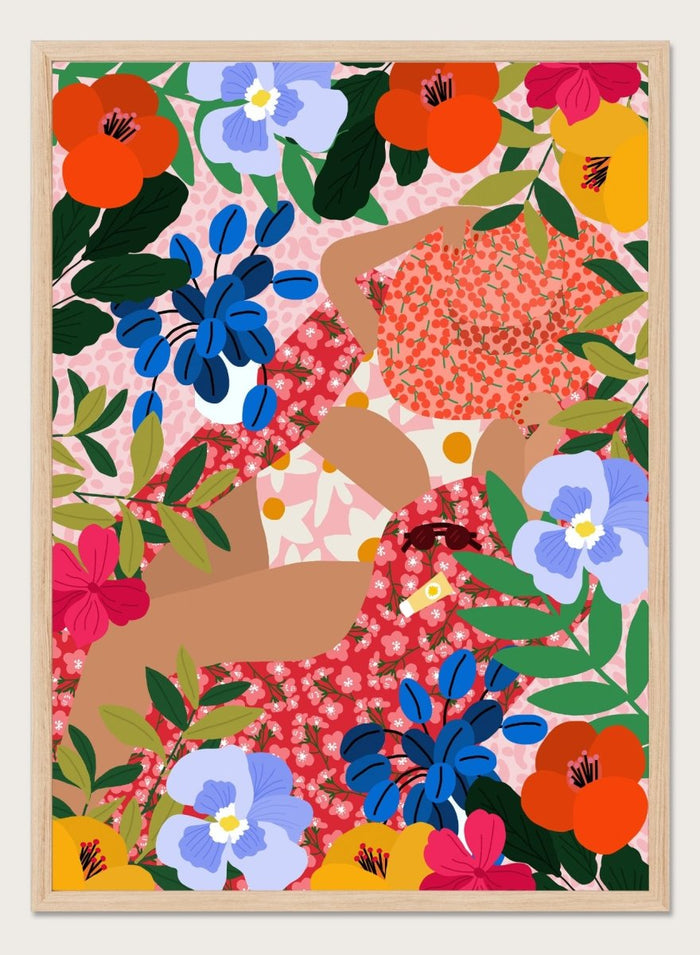 Colorful floral pattern with abstract shapes on a pink background. Sleeping Under the Sun by Rafaela Mascaro is a vibrant floral art print filled with bold colors, botanical details, decorative patterns, and summer warmth.