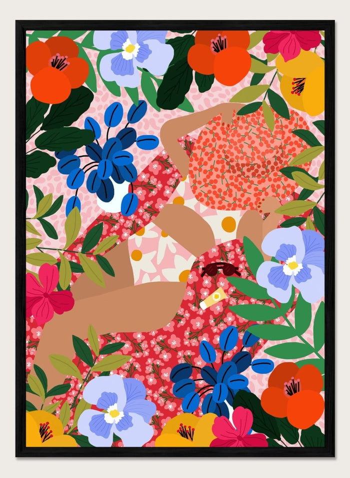 Colorful floral pattern with abstract shapes on a pink background. Sleeping Under the Sun by Rafaela Mascaro is a vibrant floral art print filled with bold colors, botanical details, decorative patterns, and summer warmth.
