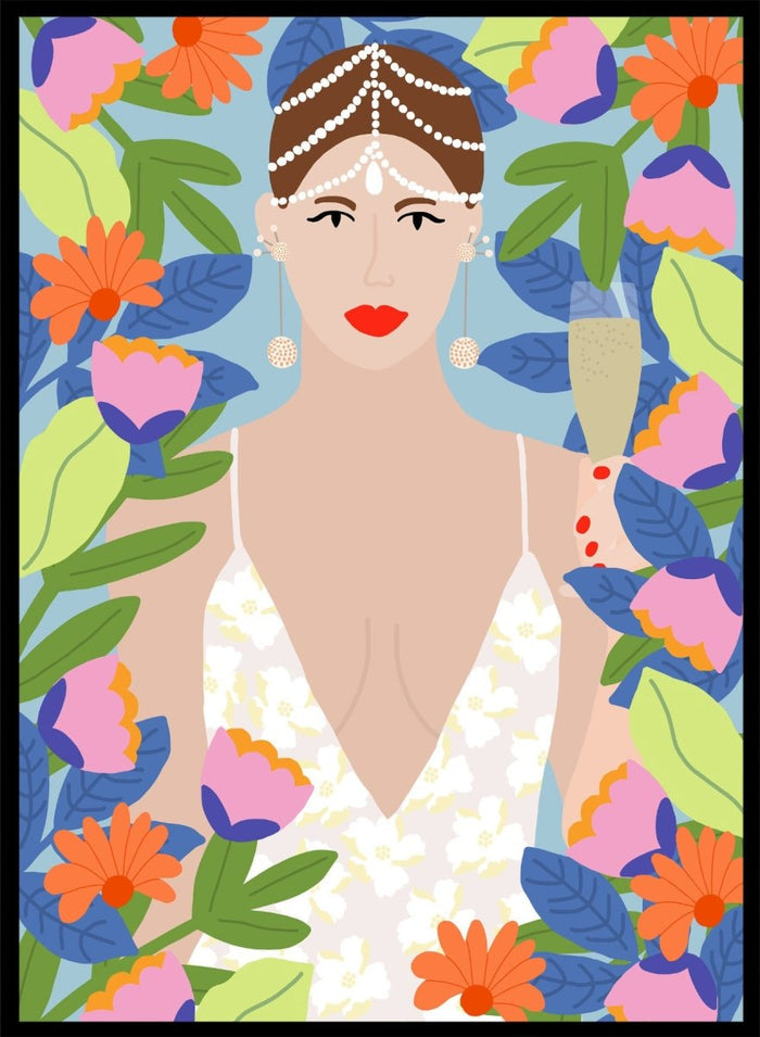 Illustration of a woman with flowers and leaves around her. Summer Queen in Flowers by Rafaela Mascaro is a vibrant floral art print celebrating confidence, femininity, color, and lush botanical beauty.