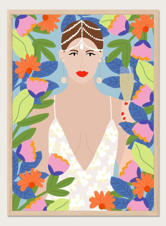 Illustration of a woman with flowers and leaves around her. Summer Queen in Flowers by Rafaela Mascaro is a vibrant floral art print celebrating confidence, femininity, color, and lush botanical beauty.