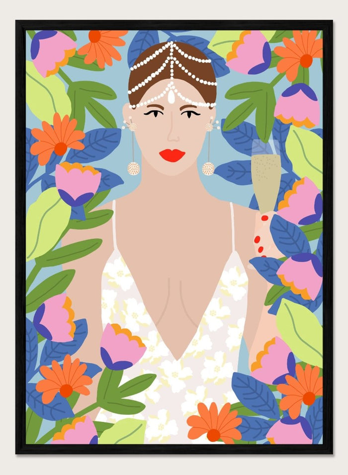 Illustration of a woman with flowers and leaves around her. Summer Queen in Flowers by Rafaela Mascaro is a vibrant floral art print celebrating confidence, femininity, color, and lush botanical beauty.