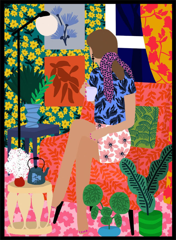 Colorful illustration of a woman holding a plant in a vibrant, patterned room. Tea Time Girl by Rafaela Mascaro fine art print poster featuring woman drinking tea in colorful floral interior, modern contemporary botanical wall art.