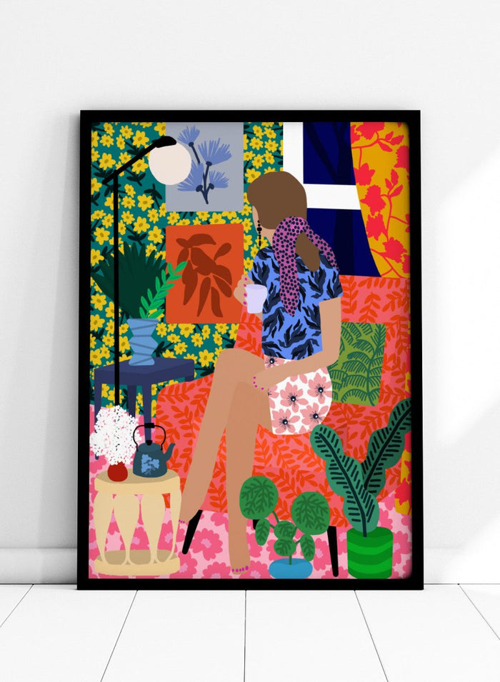 Colorful illustration of a woman holding a plant in a vibrant, patterned room. Tea Time Girl by Rafaela Mascaro fine art print poster featuring woman drinking tea in colorful floral interior, modern contemporary botanical wall art.
