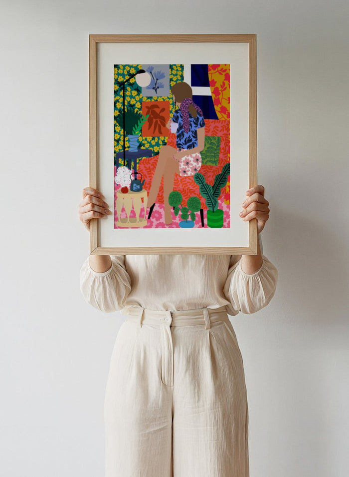 Colorful illustration of a woman holding a plant in a vibrant, patterned room. Tea Time Girl by Rafaela Mascaro fine art print poster featuring woman drinking tea in colorful floral interior, modern contemporary botanical wall art.