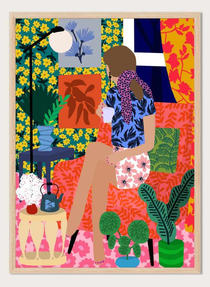 Colorful illustration of a woman holding a plant in a vibrant, patterned room. Tea Time Girl by Rafaela Mascaro fine art print poster featuring woman drinking tea in colorful floral interior, modern contemporary botanical wall art.