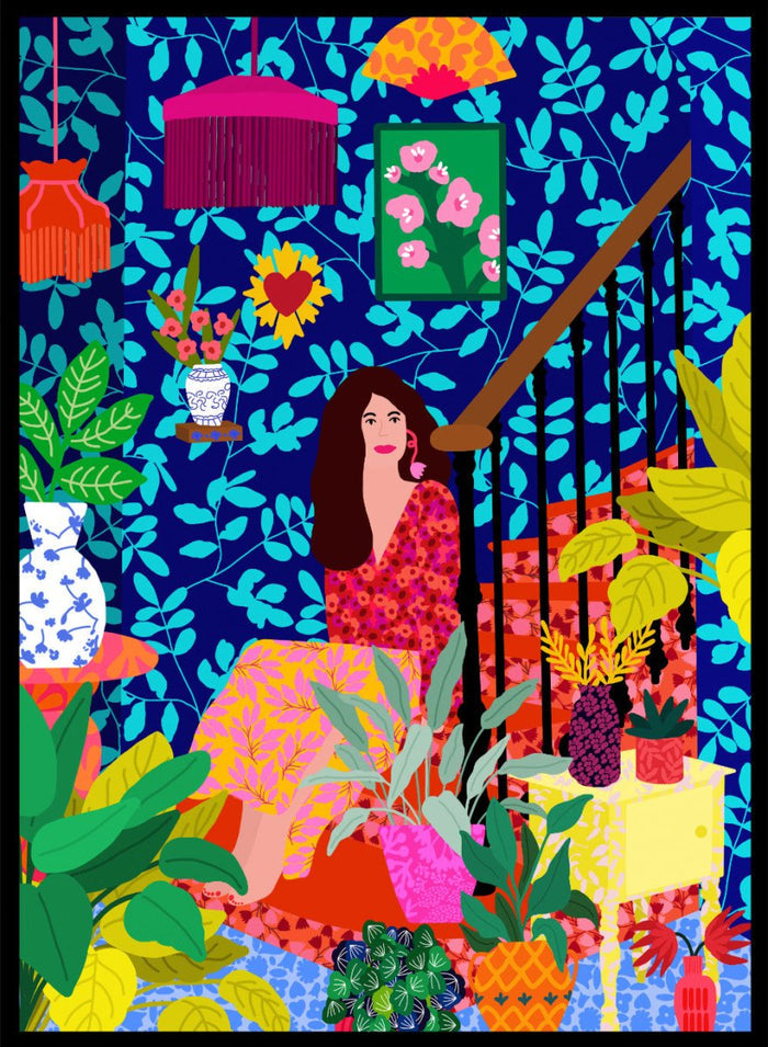 Colorful illustration of a woman sitting among plants and decorative items on a blue background. The Botanical Staircase by Rafaela Mascaro fine art print featuring blue botanical wallpaper, patterned staircase interior, modern contemporary wall art poster.