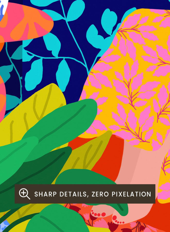 Colorful illustration of a woman sitting among plants and decorative items on a blue background. The Botanical Staircase by Rafaela Mascaro fine art print featuring blue botanical wallpaper, patterned staircase interior, modern contemporary wall art poster.