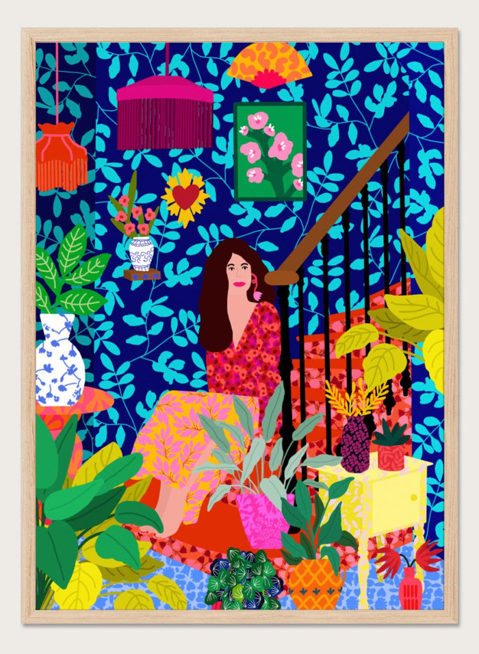 Colorful illustration of a woman sitting among plants and decorative items on a blue background. The Botanical Staircase by Rafaela Mascaro fine art print featuring blue botanical wallpaper, patterned staircase interior, modern contemporary wall art poster.