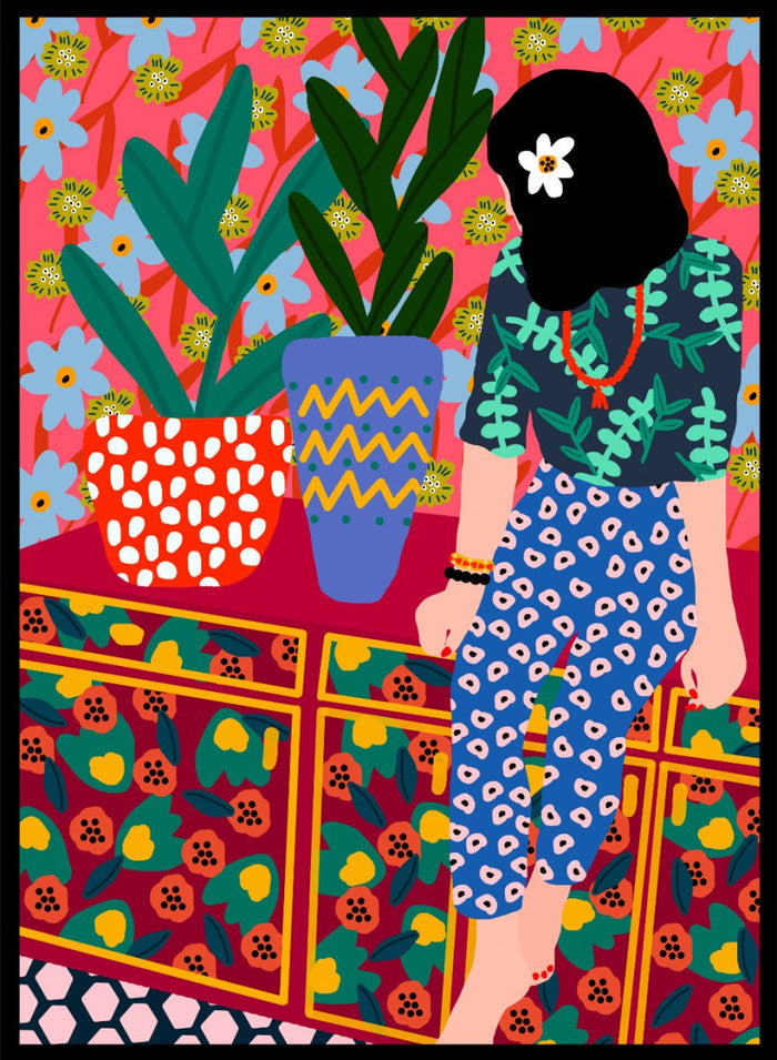 The Patterned Room by Rafaela Mascaro fine art print featuring bold botanical interior, modern woman illustration, and colorful contemporary wall art poster.