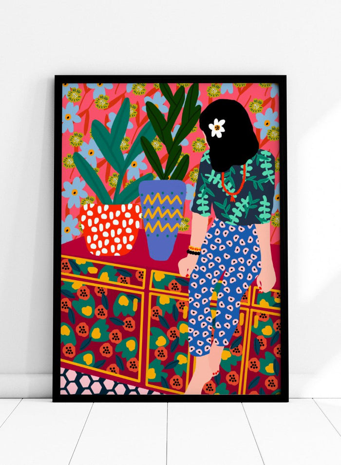 The Patterned Room by Rafaela Mascaro fine art print featuring bold botanical interior, modern woman illustration, and colorful contemporary wall art poster.
