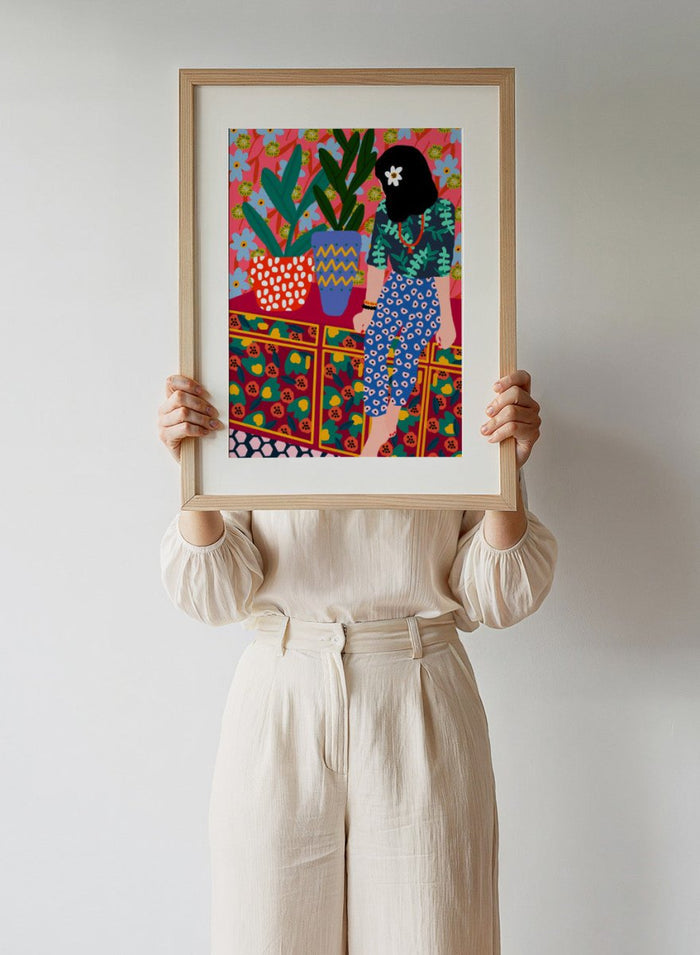 The Patterned Room by Rafaela Mascaro fine art print featuring bold botanical interior, modern woman illustration, and colorful contemporary wall art poster.