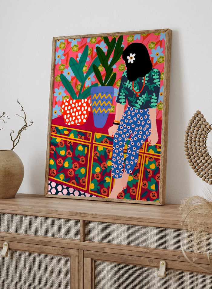 The Patterned Room by Rafaela Mascaro fine art print featuring bold botanical interior, modern woman illustration, and colorful contemporary wall art poster.