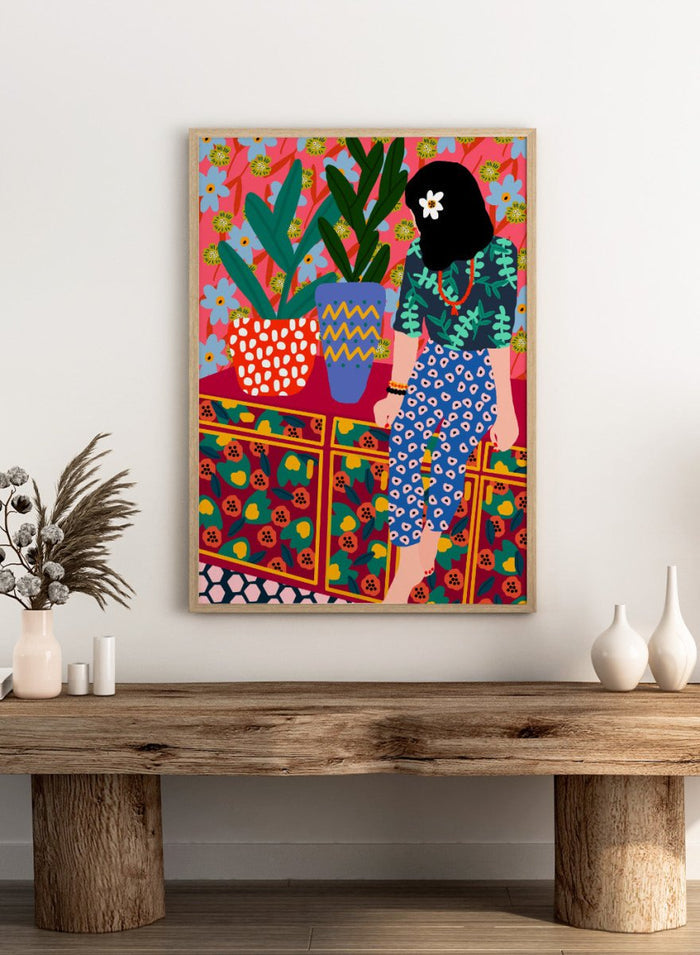 The Patterned Room by Rafaela Mascaro fine art print featuring bold botanical interior, modern woman illustration, and colorful contemporary wall art poster.